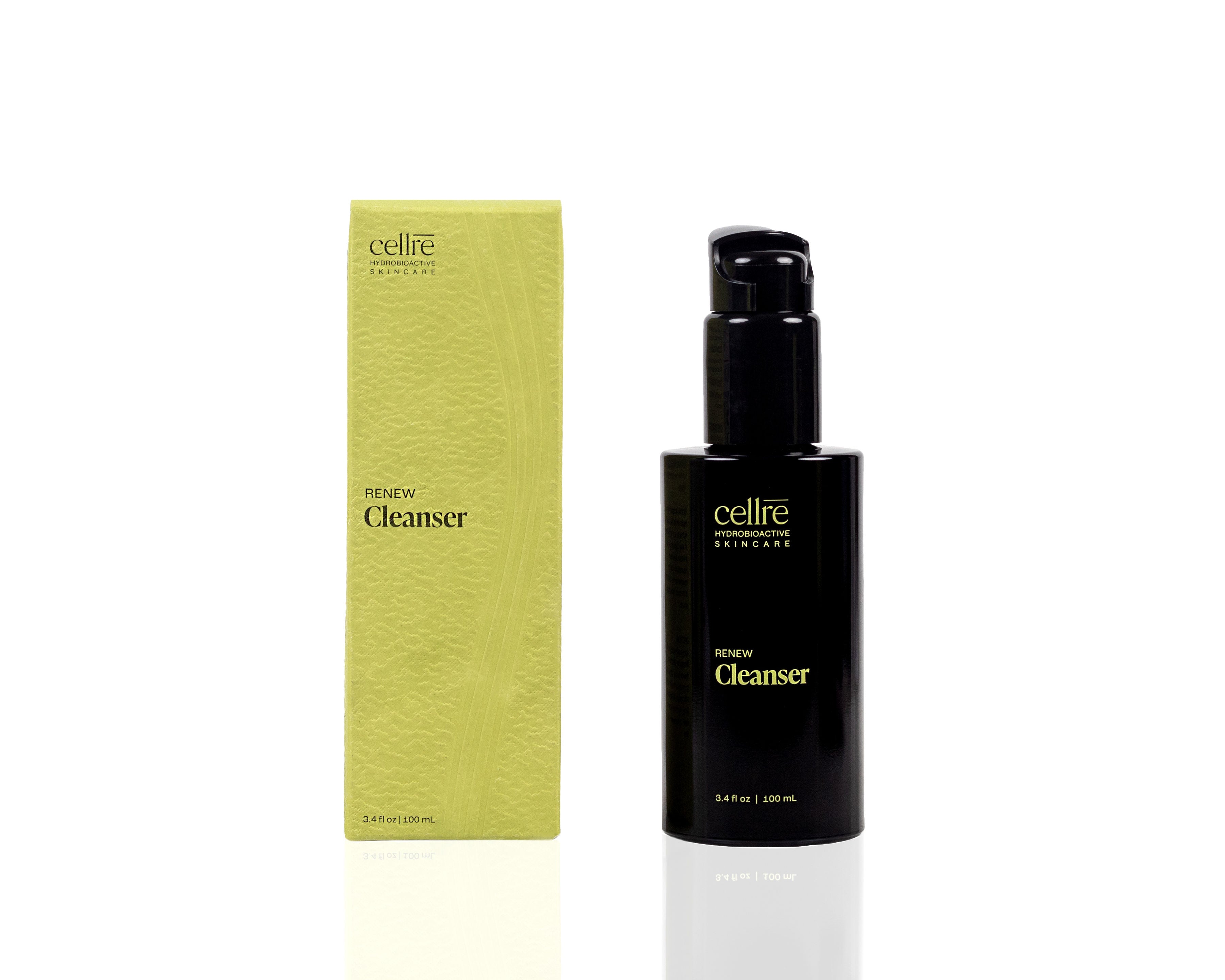 Cellre Renew Cleanser with bottle and box, white background