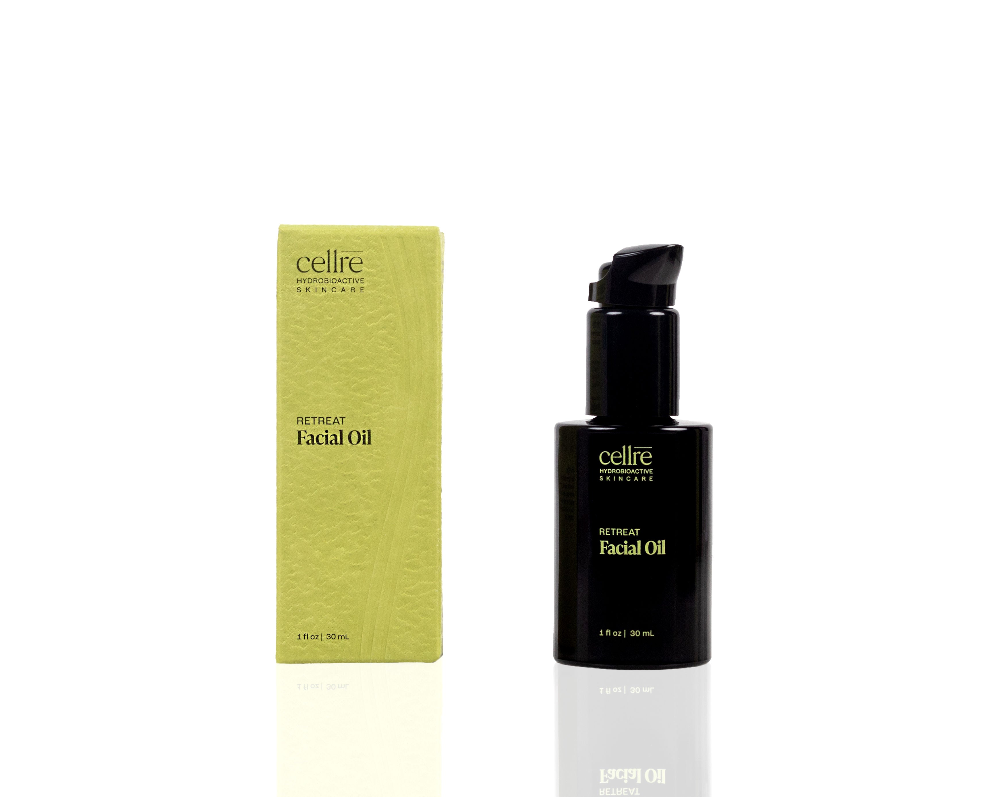 Cellre Retreat Facial Oil with bottle and box, white background