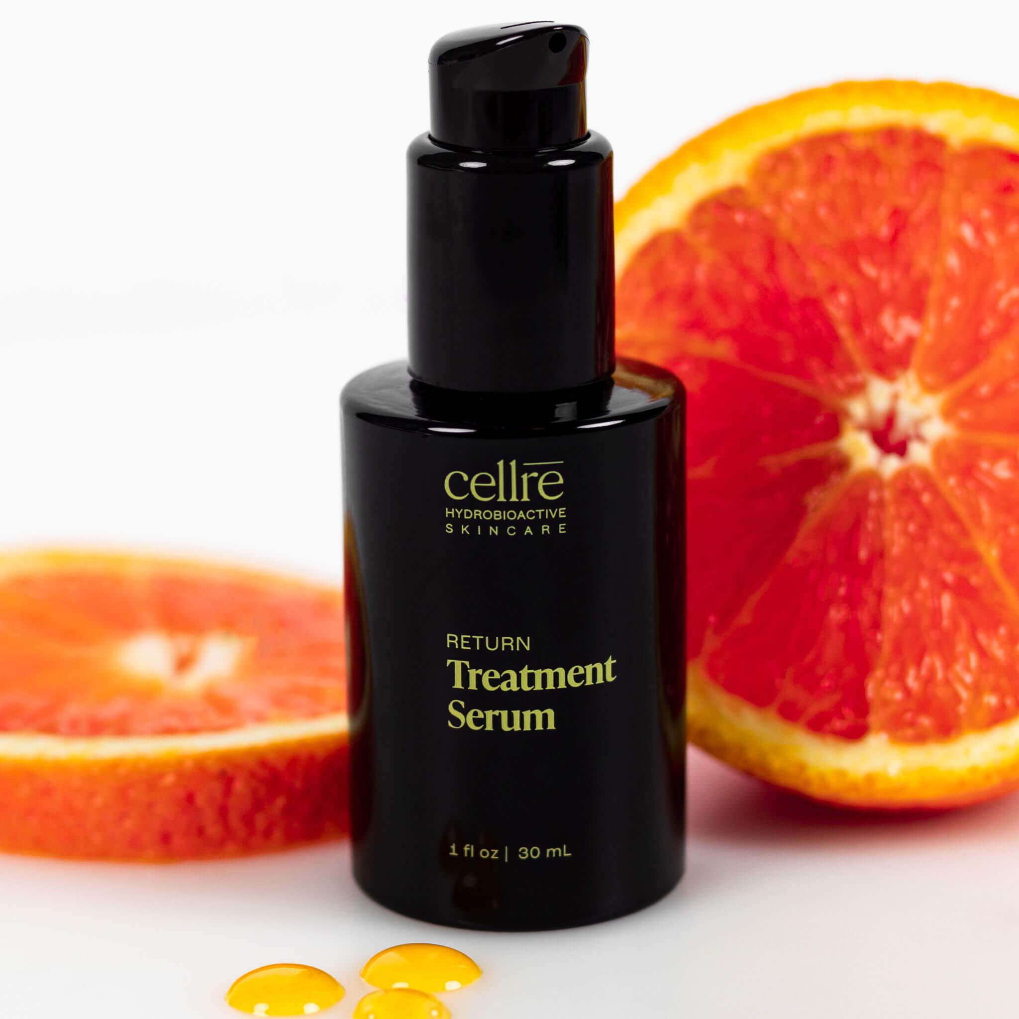 Return Treatment Serum with product texture drops and oranges